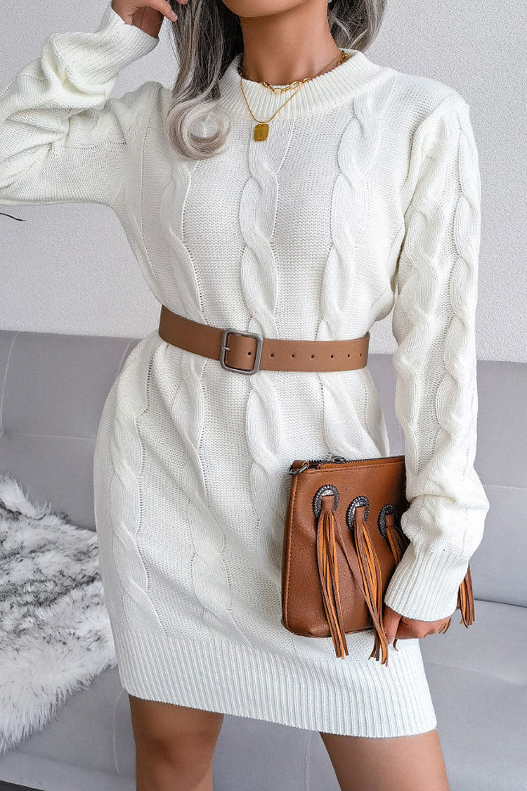Traditional Long Sleeve Winter Cable Knit Pullover Sweater Mini Dress - White