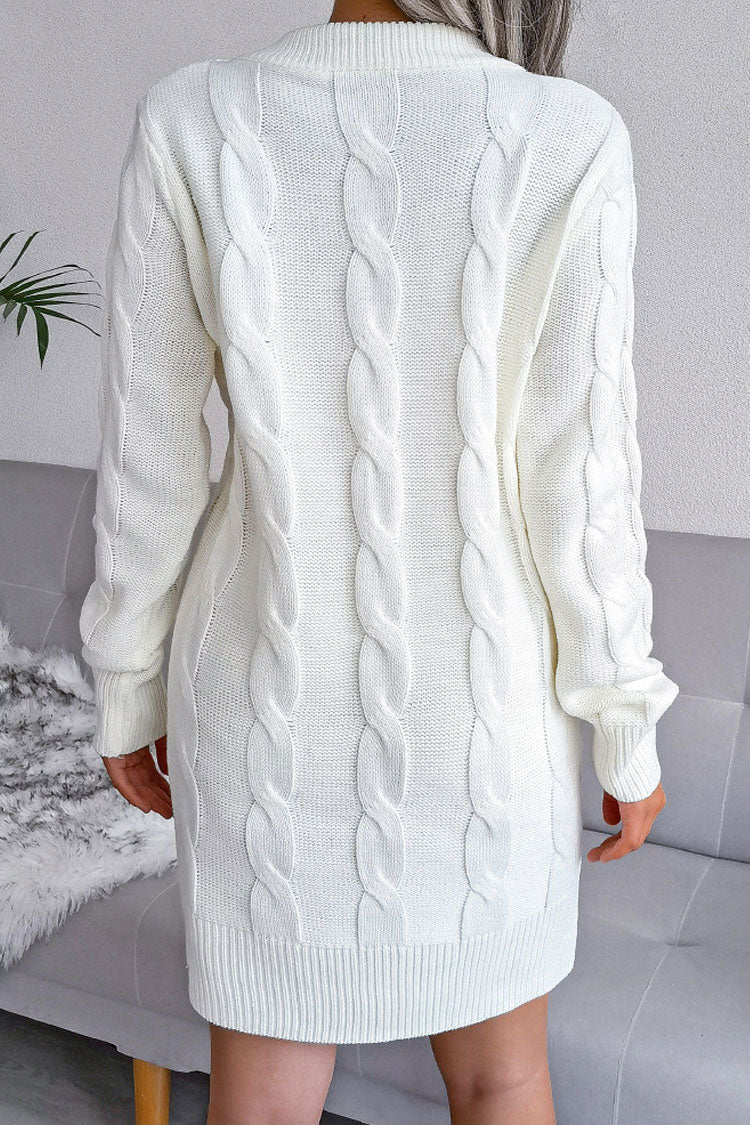 Traditional Long Sleeve Winter Cable Knit Pullover Sweater Mini Dress - White