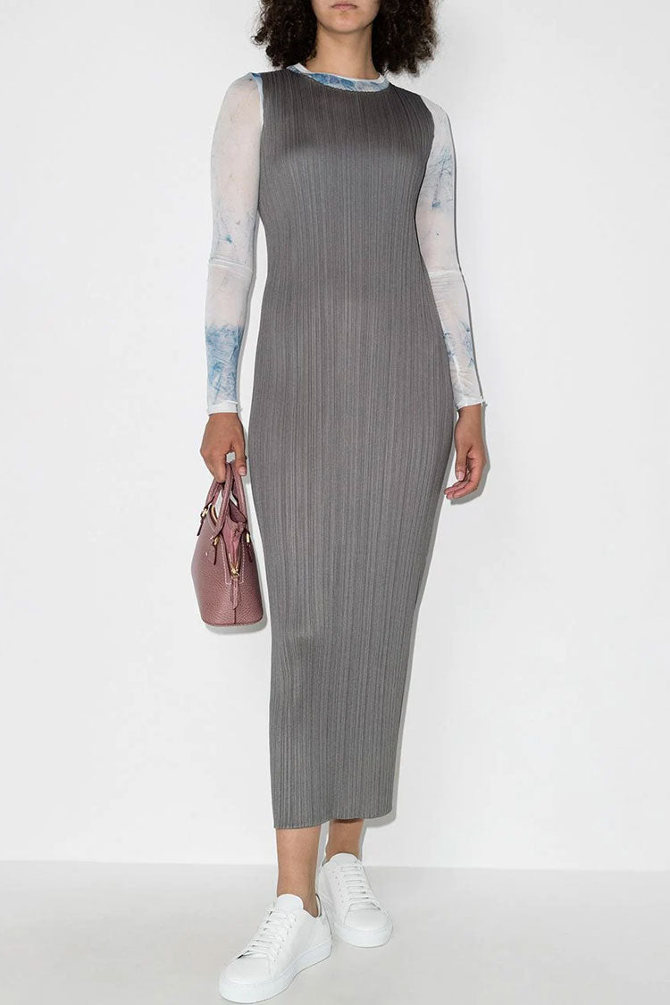 Crew Classy Neck Summer Shift Sleeveless Pleated Midi Dress - Gray