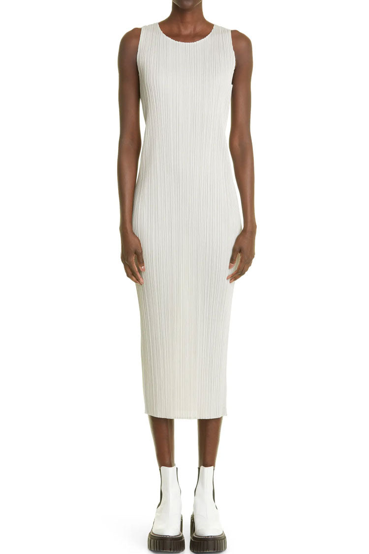 Crew Classy Neck Summer Shift Sleeveless Pleated Midi Dress - White