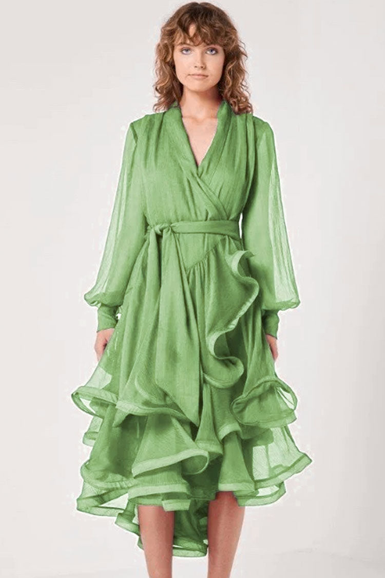 Tiered Classy Ruffle Bow Tie Long Sleeve Wrap Midi Dress - Grass Green