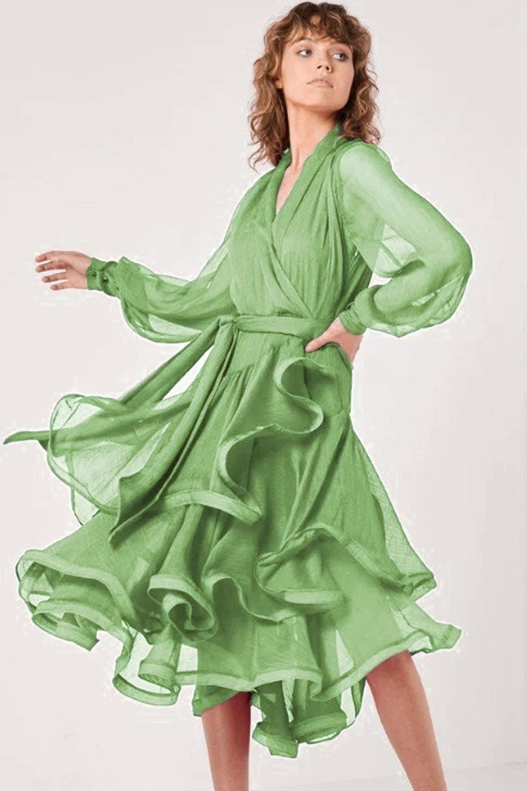 Tiered Classy Ruffle Bow Tie Long Sleeve Wrap Midi Dress - Grass Green
