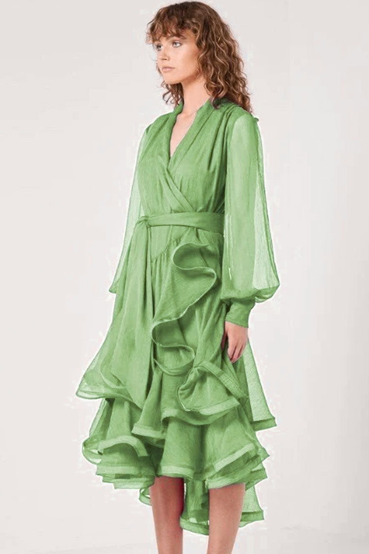 Tiered Classy Ruffle Bow Tie Long Sleeve Wrap Midi Dress - Grass Green