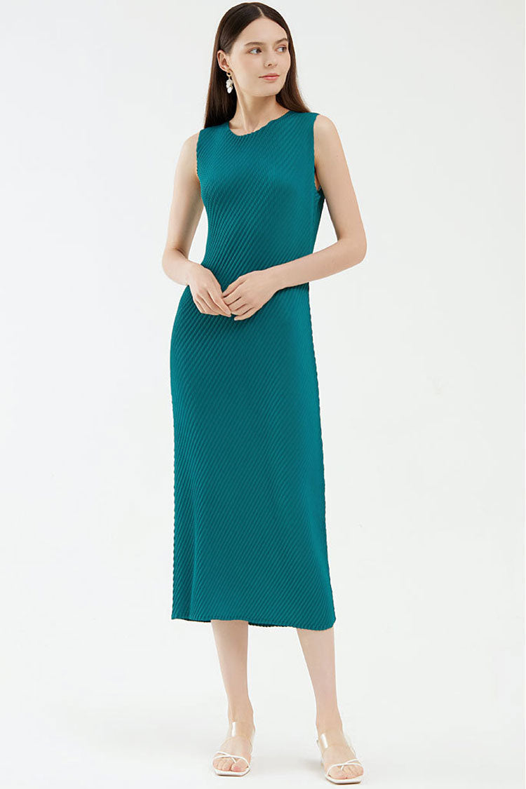 Diagonal Comfy Pleated Crew Neck Sheath Sleeveless Midi Dress - Emerald Green