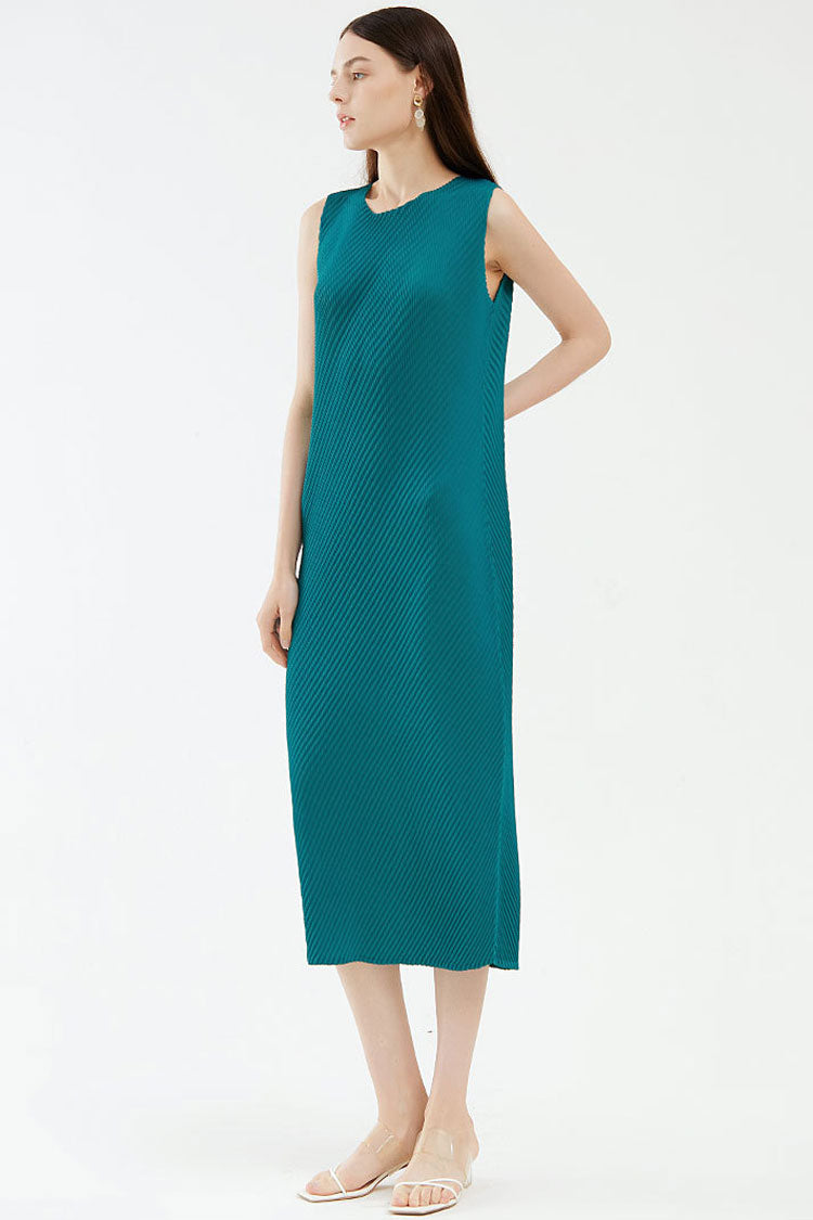 Diagonal Comfy Pleated Crew Neck Sheath Sleeveless Midi Dress - Emerald Green