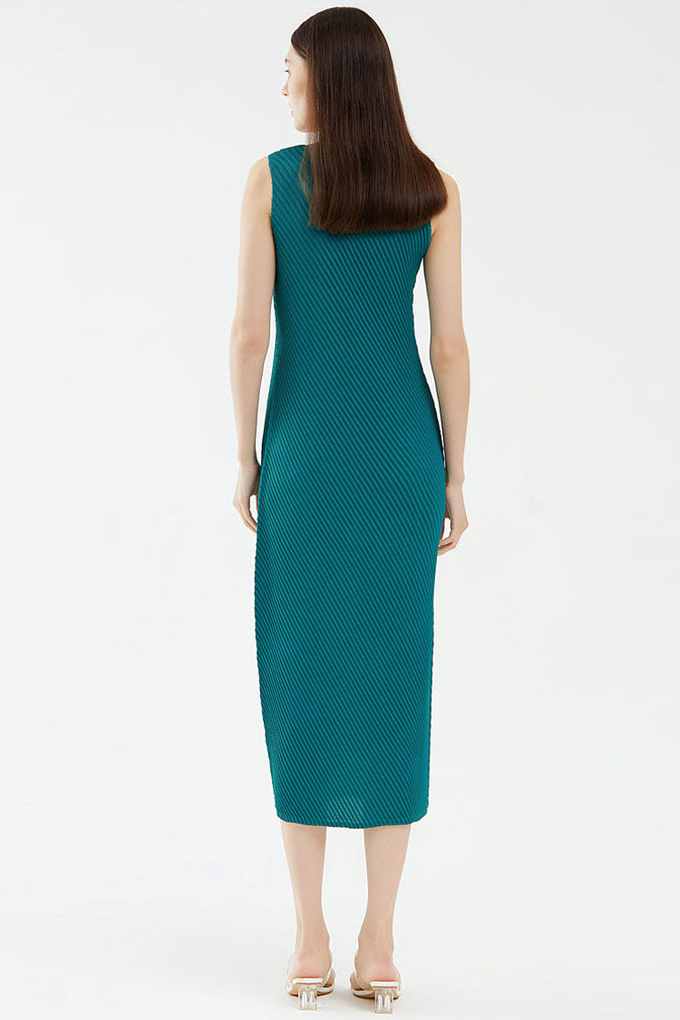 Diagonal Comfy Pleated Crew Neck Sheath Sleeveless Midi Dress - Emerald Green