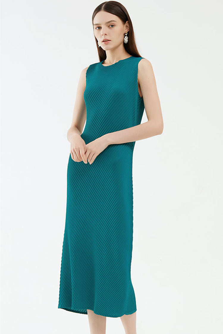 Diagonal Comfy Pleated Crew Neck Sheath Sleeveless Midi Dress - Emerald Green