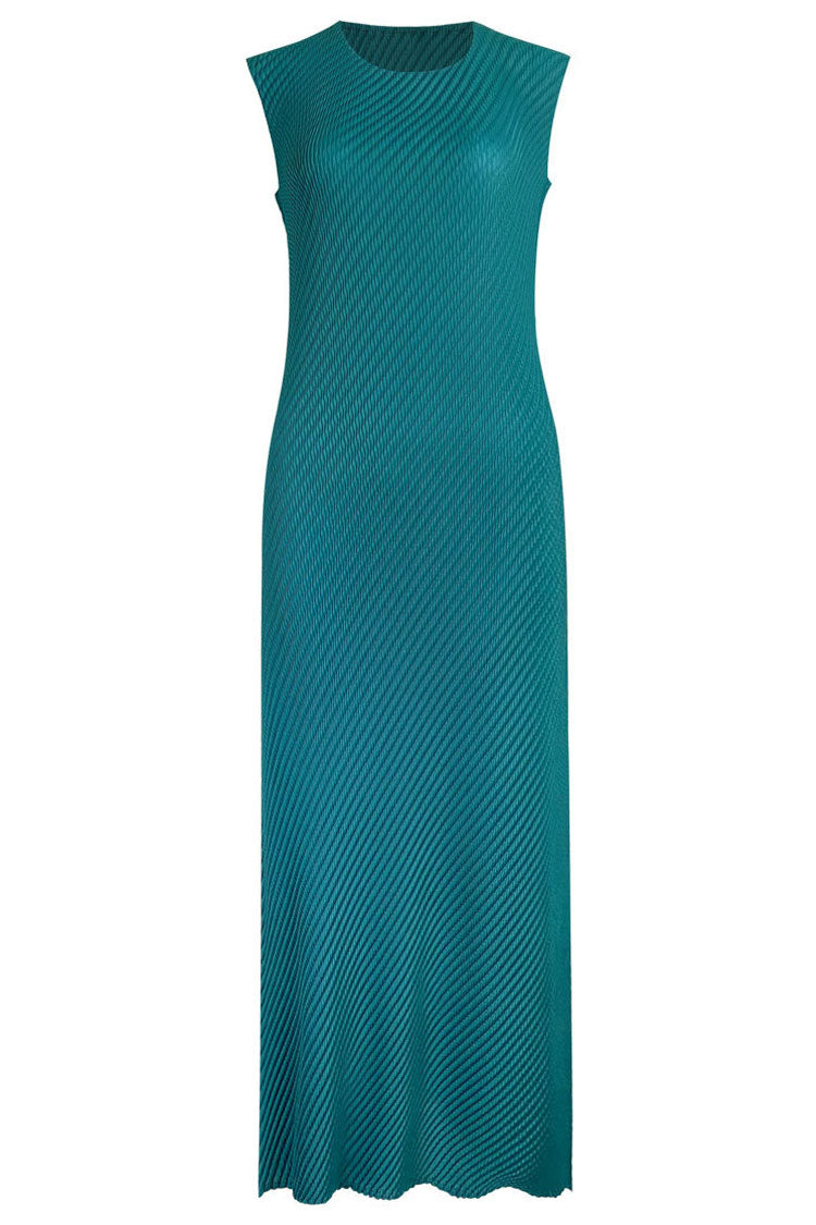 Diagonal Comfy Pleated Crew Neck Sheath Sleeveless Midi Dress - Emerald Green