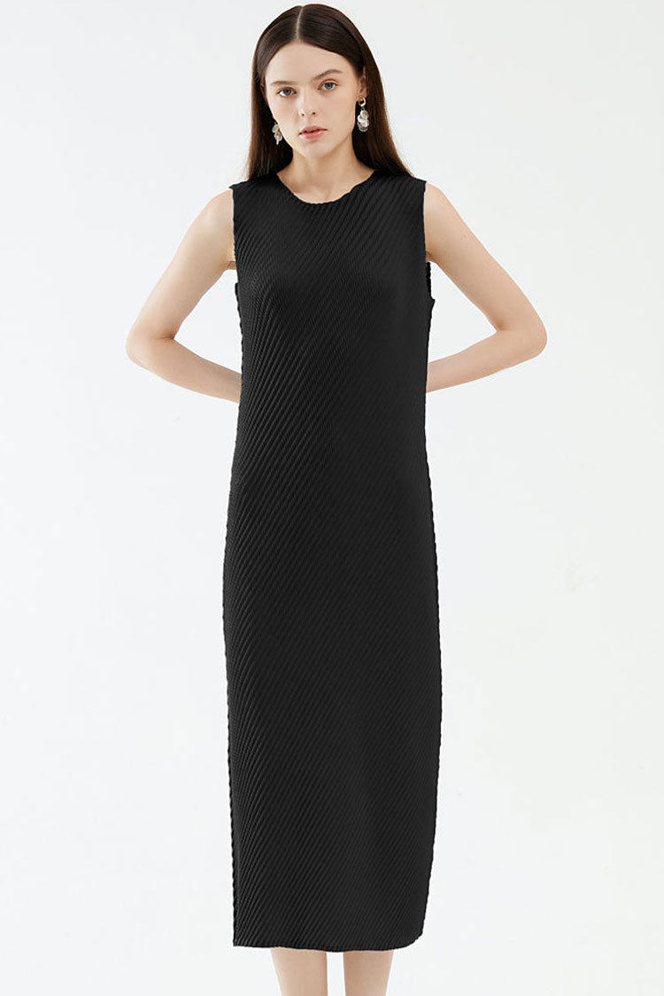 Diagonal Comfy Pleated Crew Neck Sheath Sleeveless Midi Dress - Black