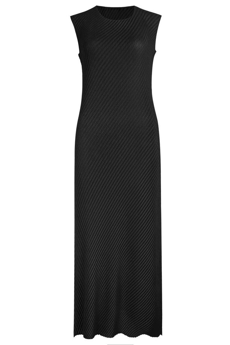 Diagonal Comfy Pleated Crew Neck Sheath Sleeveless Midi Dress - Black