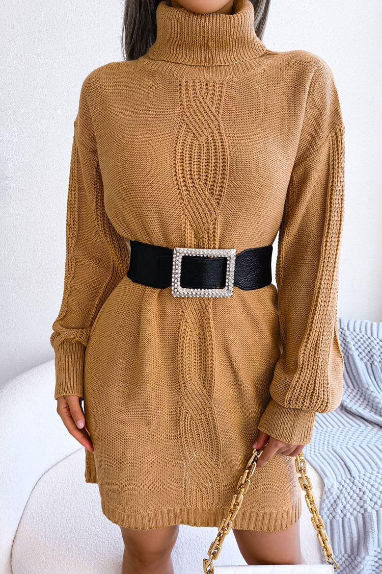 Winter Cosy Turtleneck Pullover Cable Knit Sweater Mini Dress - Khaki