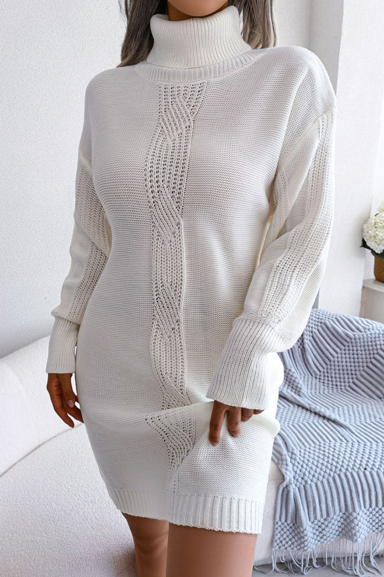 Winter Cosy Turtleneck Pullover Cable Knit Sweater Mini Dress - White