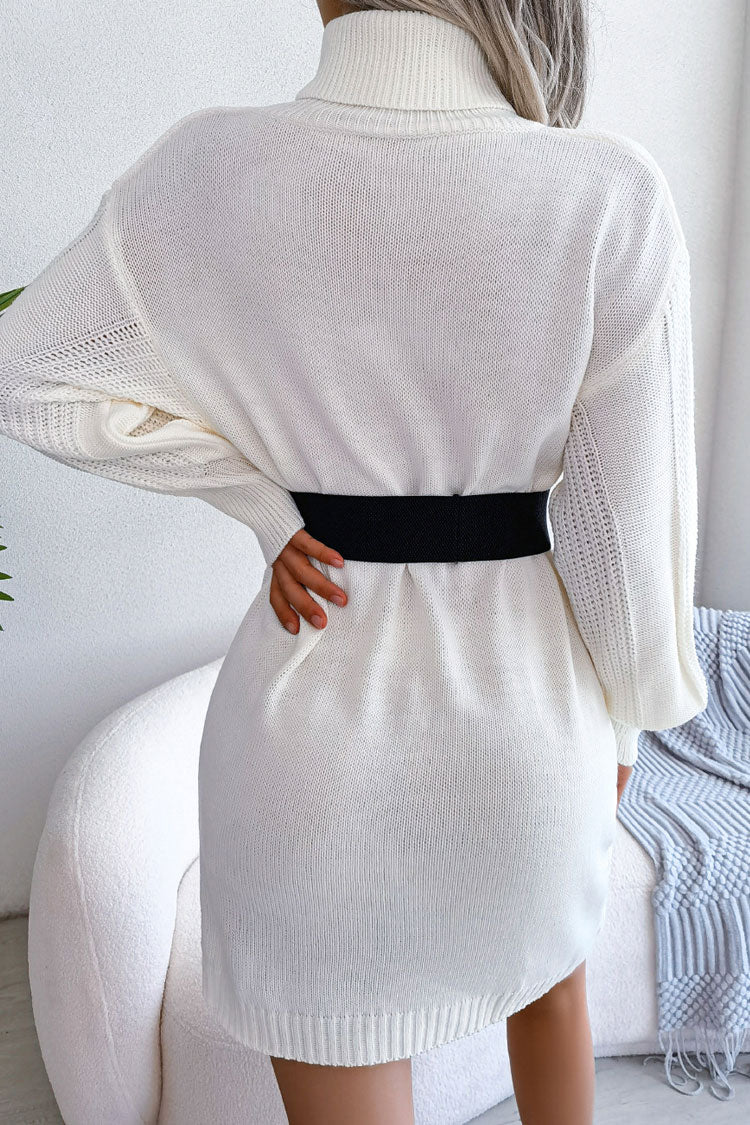 Winter Cosy Turtleneck Pullover Cable Knit Sweater Mini Dress - White
