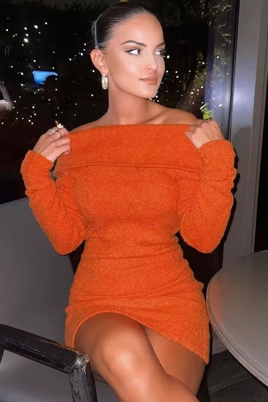 Chic Cozy Foldover Off Shoulder Winter Sweater Mini Dress - Burnt Orange