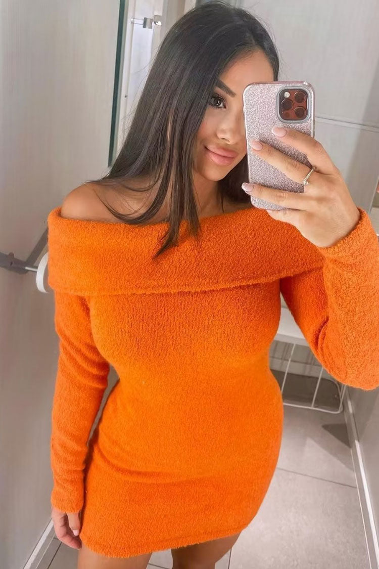 Chic Cozy Foldover Off Shoulder Winter Sweater Mini Dress - Burnt Orange