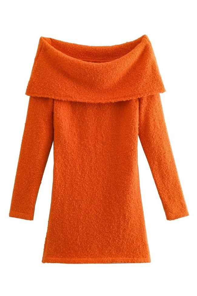 Chic Cozy Foldover Off Shoulder Winter Sweater Mini Dress - Burnt Orange