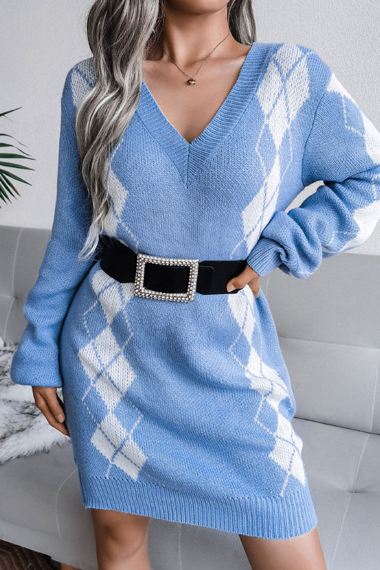 Two Cozy Tone Argyle Rib Knit V Neck Winter Sweater Mini Dress - Sky Blue