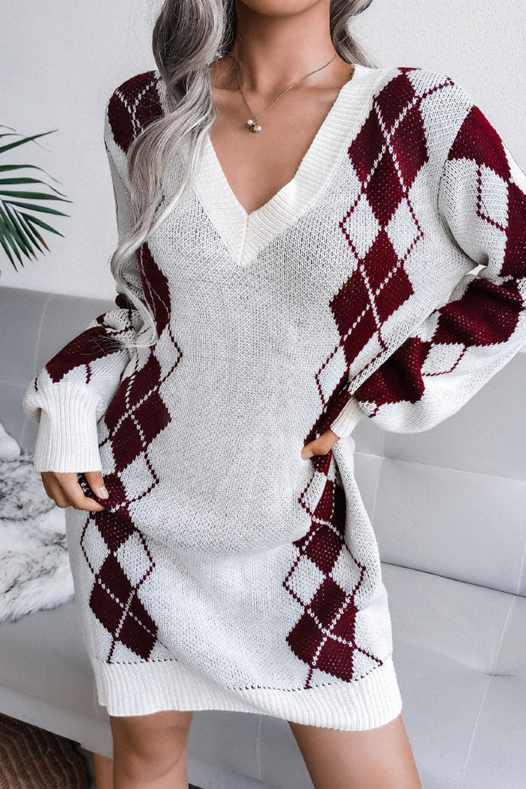 Two Cozy Tone Argyle Rib Knit V Neck Winter Sweater Mini Dress - Wine Red