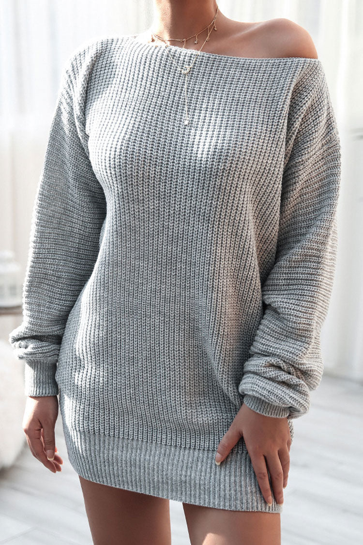 Winter Cozy Boat Neck Long Sleeve Textured Sweater Mini Dress - Gray