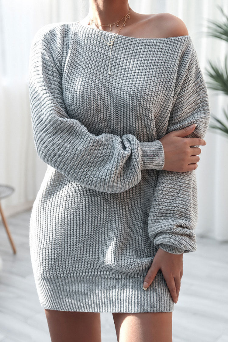 Winter Cozy Boat Neck Long Sleeve Textured Sweater Mini Dress - Gray