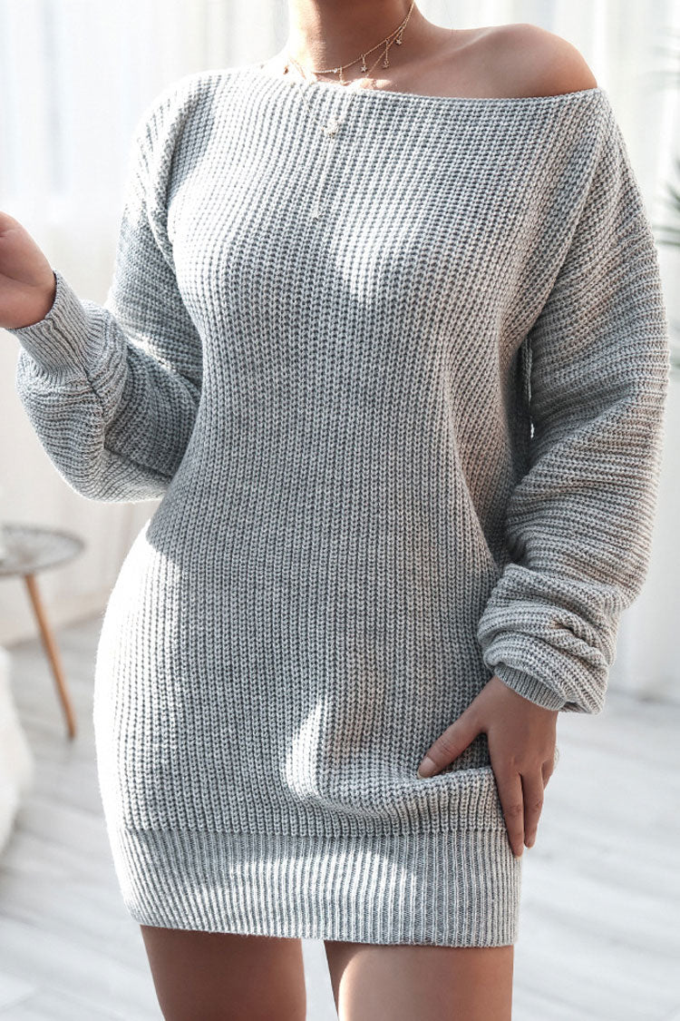 Winter Cozy Boat Neck Long Sleeve Textured Sweater Mini Dress - Gray