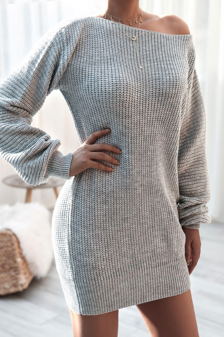 Winter Cozy Boat Neck Long Sleeve Textured Sweater Mini Dress - Gray
