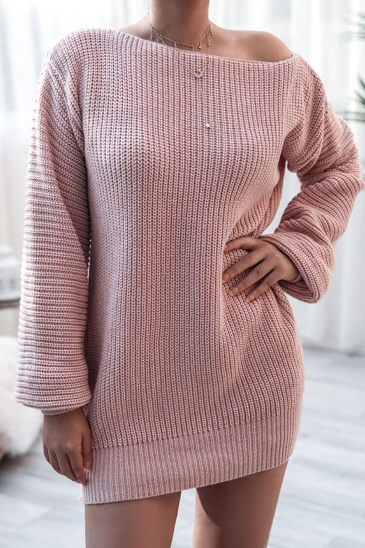 Winter Cozy Boat Neck Long Sleeve Textured Sweater Mini Dress - Pink