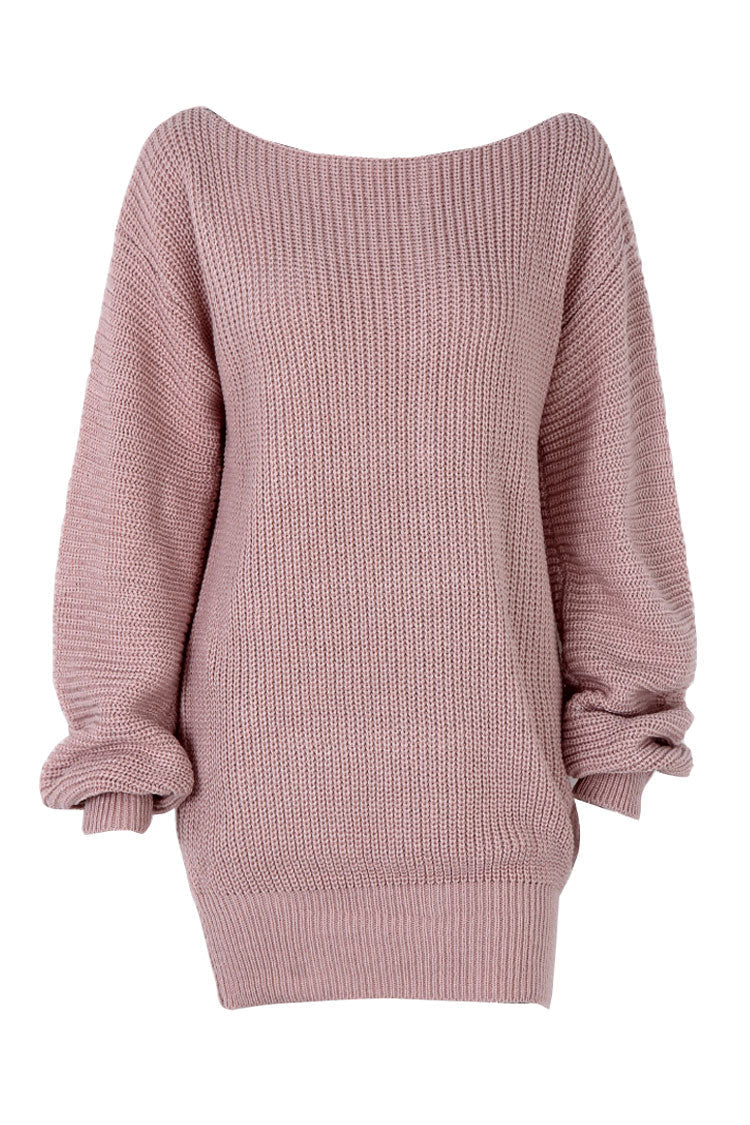 Winter Cozy Boat Neck Long Sleeve Textured Sweater Mini Dress - Pink