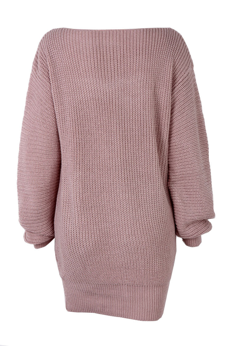 Winter Cozy Boat Neck Long Sleeve Textured Sweater Mini Dress - Pink