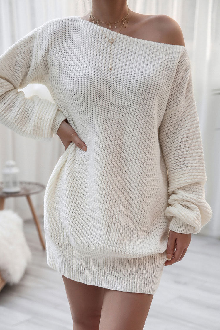 Winter Cozy Boat Neck Long Sleeve Textured Sweater Mini Dress - White