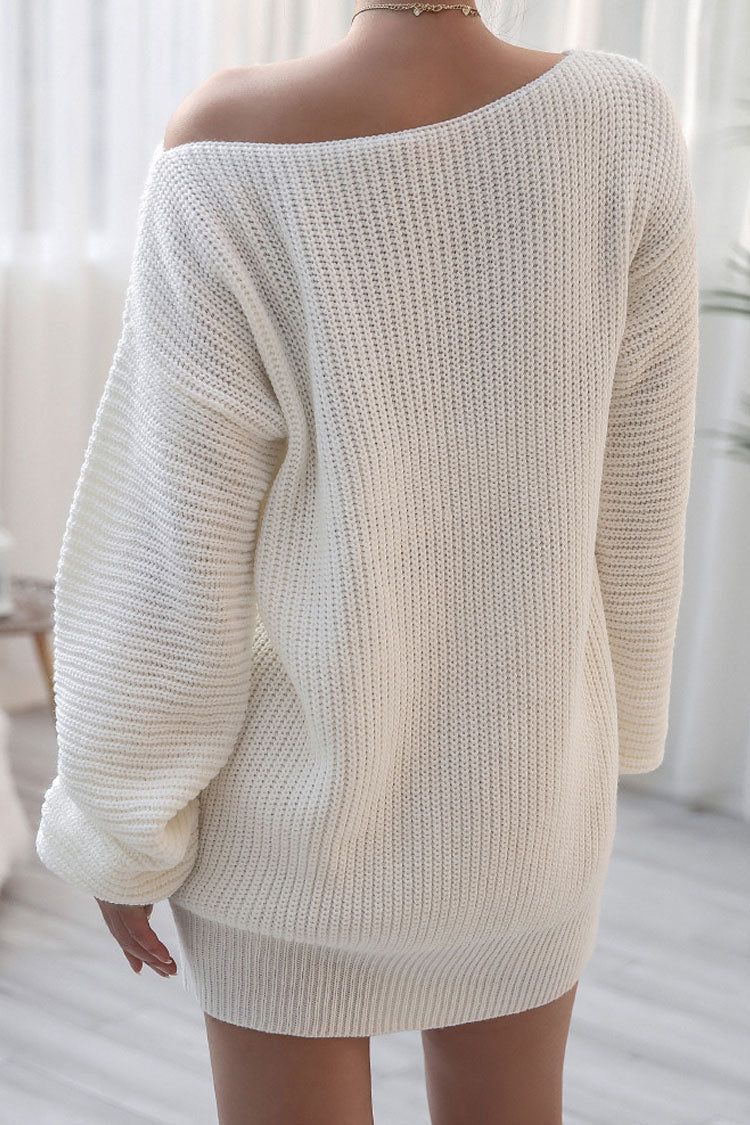 Winter Cozy Boat Neck Long Sleeve Textured Sweater Mini Dress - White