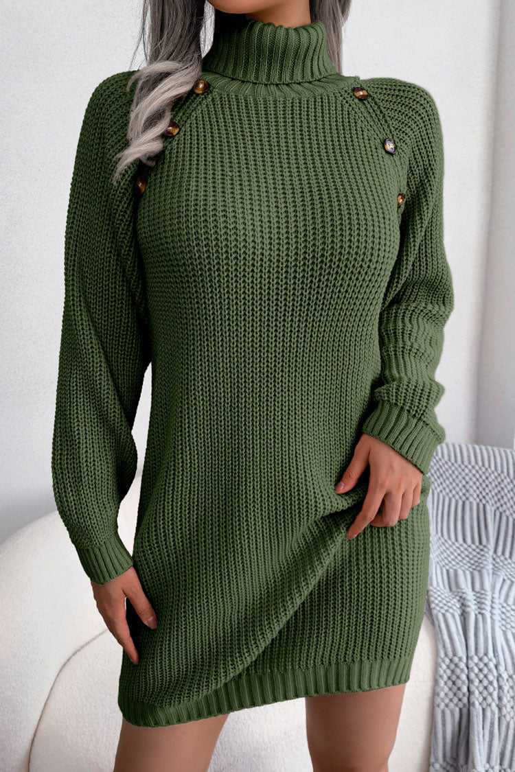 Winter Cozy Button Trim Ribbed Turtleneck Sweater Mini Dress - Army Green
