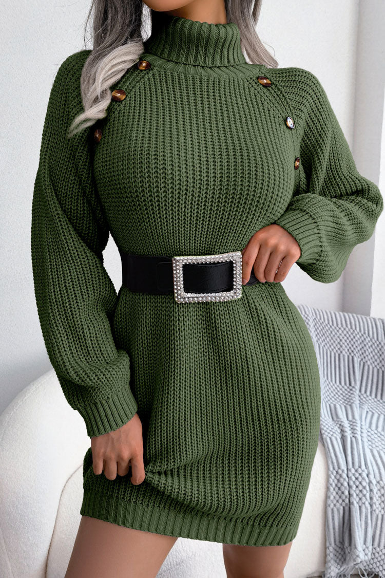 Winter Cozy Button Trim Ribbed Turtleneck Sweater Mini Dress - Army Green