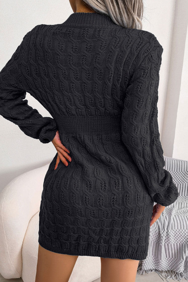 Winter Cozy Fisherman Cable Knit Bodycon Sweater Mini Dress - Black