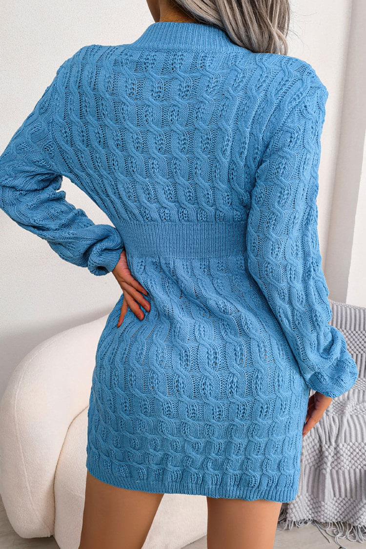 Winter Cozy Fisherman Cable Knit Bodycon Sweater Mini Dress - Blue