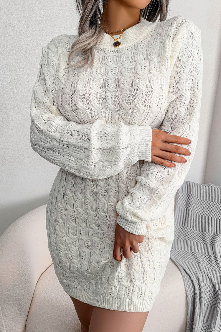Winter Cozy Fisherman Cable Knit Bodycon Sweater Mini Dress - White