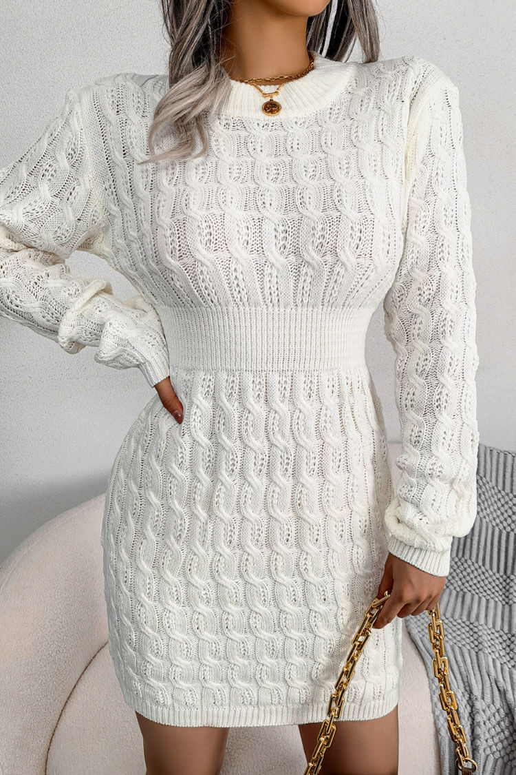 Winter Cozy Fisherman Cable Knit Bodycon Sweater Mini Dress - White