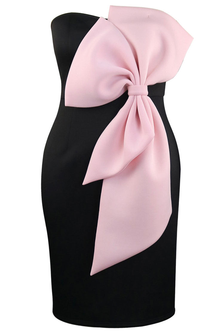 Big Cute Bow Applique Bicolor Strapless Bodycon Cocktail Party Midi Dress - Black