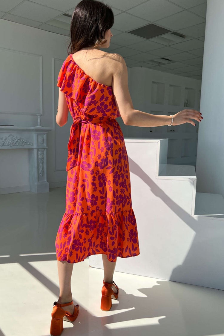 Cute Bloom Printed Ruffle One Shoulder Beach Vacation Midi Dress - Red