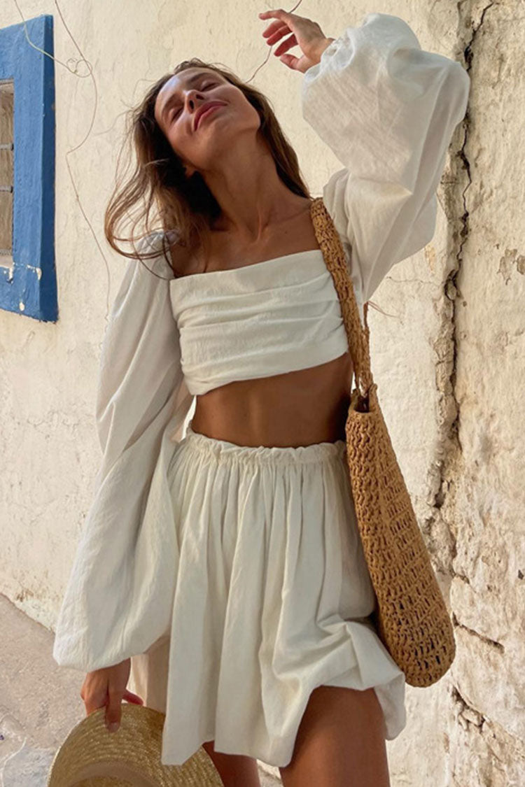 Charming Puff Sleeve Ruched Crop High Waist Two Piece Mini Dress - Off White