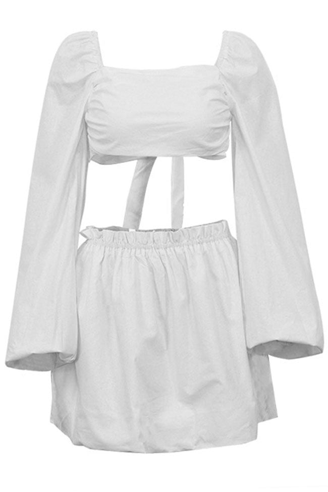 Charming Puff Sleeve Ruched Crop High Waist Two Piece Mini Dress - Off White
