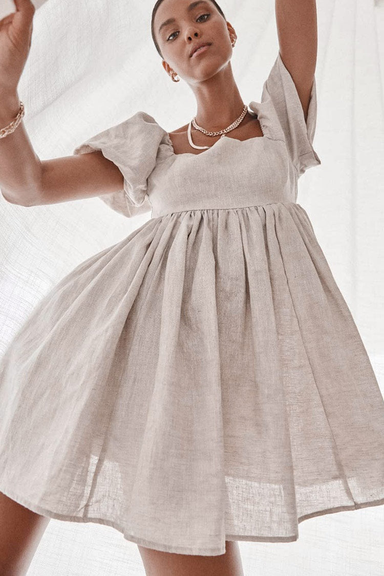 Pretty Puff Sleeve Square Neck Linen Babydoll Mini Dress - Khaki