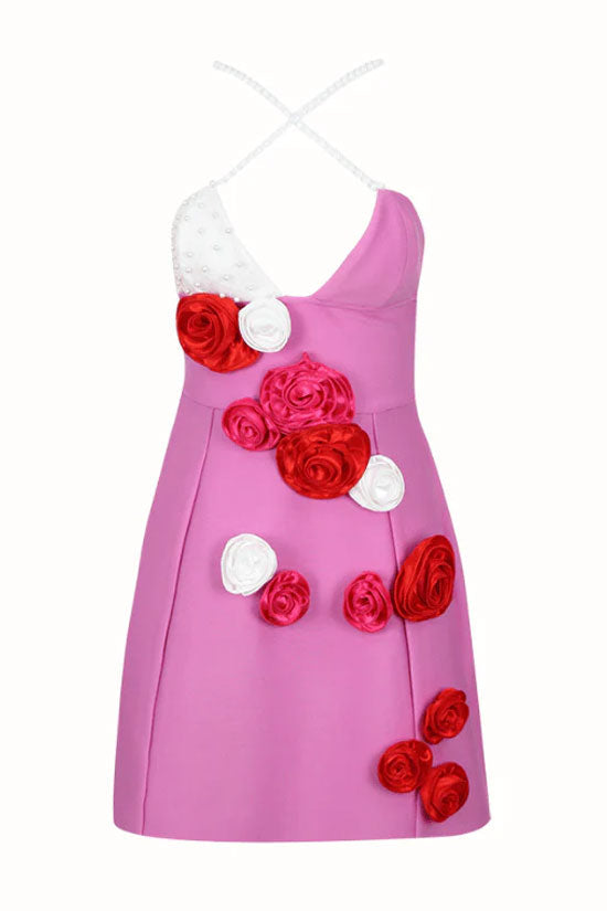Charming Rosette Applique A Line Bandage Sleeveless Party Mini Dress - Hot Pink