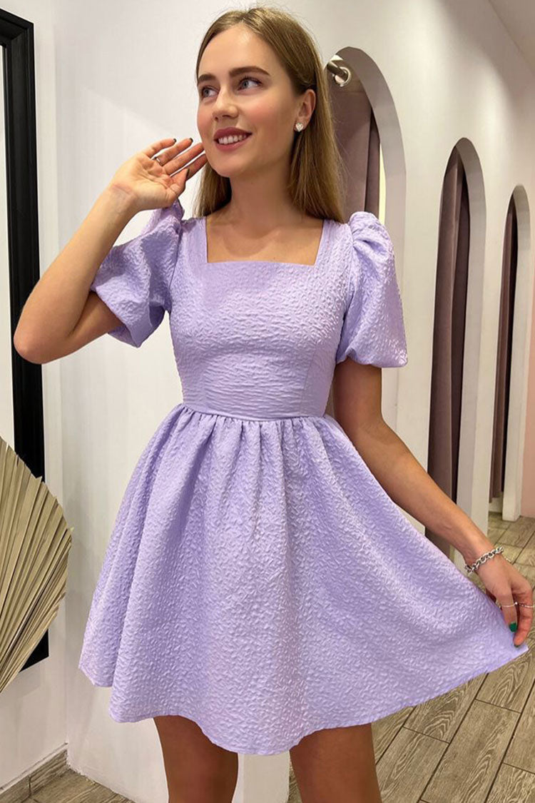 Pretty Square Neck Puff Sleeve Lace Up Back Seersucker Skater Mini Dress - Lilac