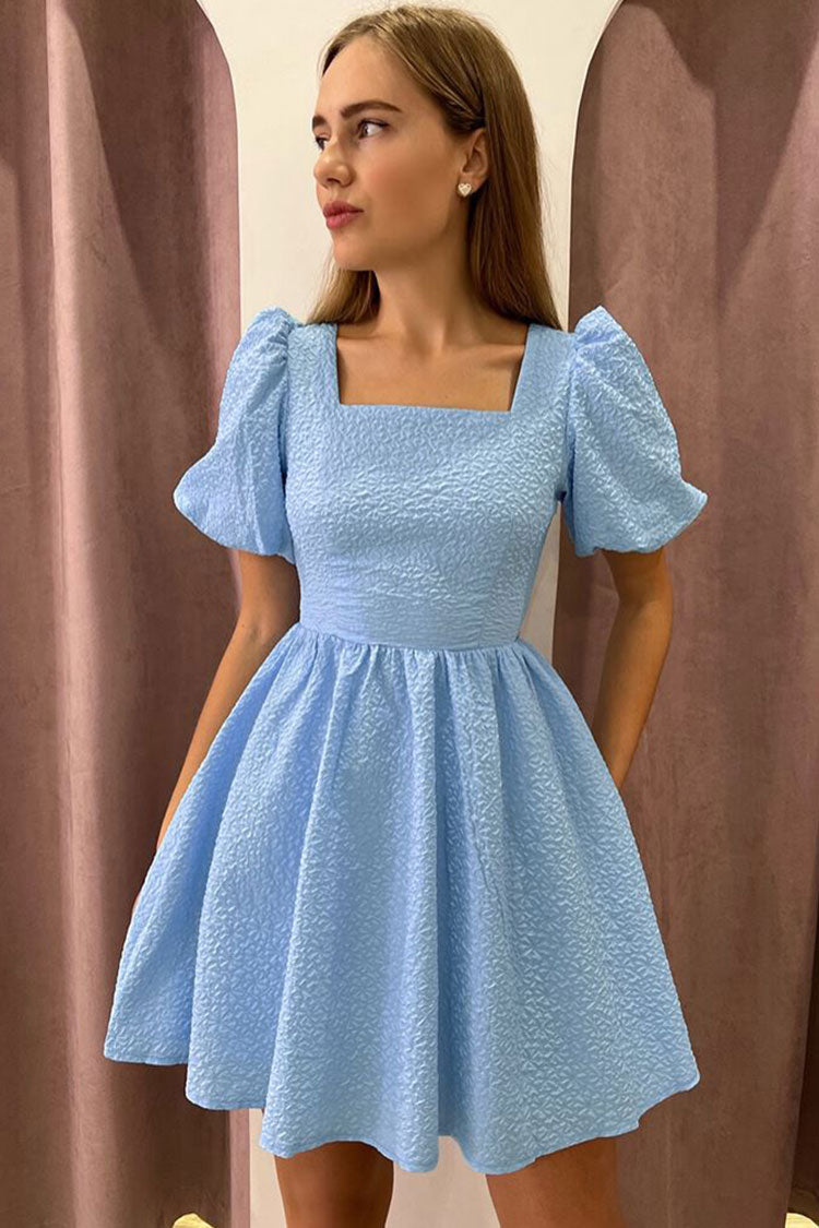 Pretty Square Neck Puff Sleeve Lace Up Back Seersucker Skater Mini Dress - Sky Blue