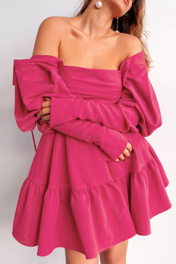 Charming Square Neck Puff Sleeve Tie Back Ruched Ruffle Mini Dress - Hot Pink