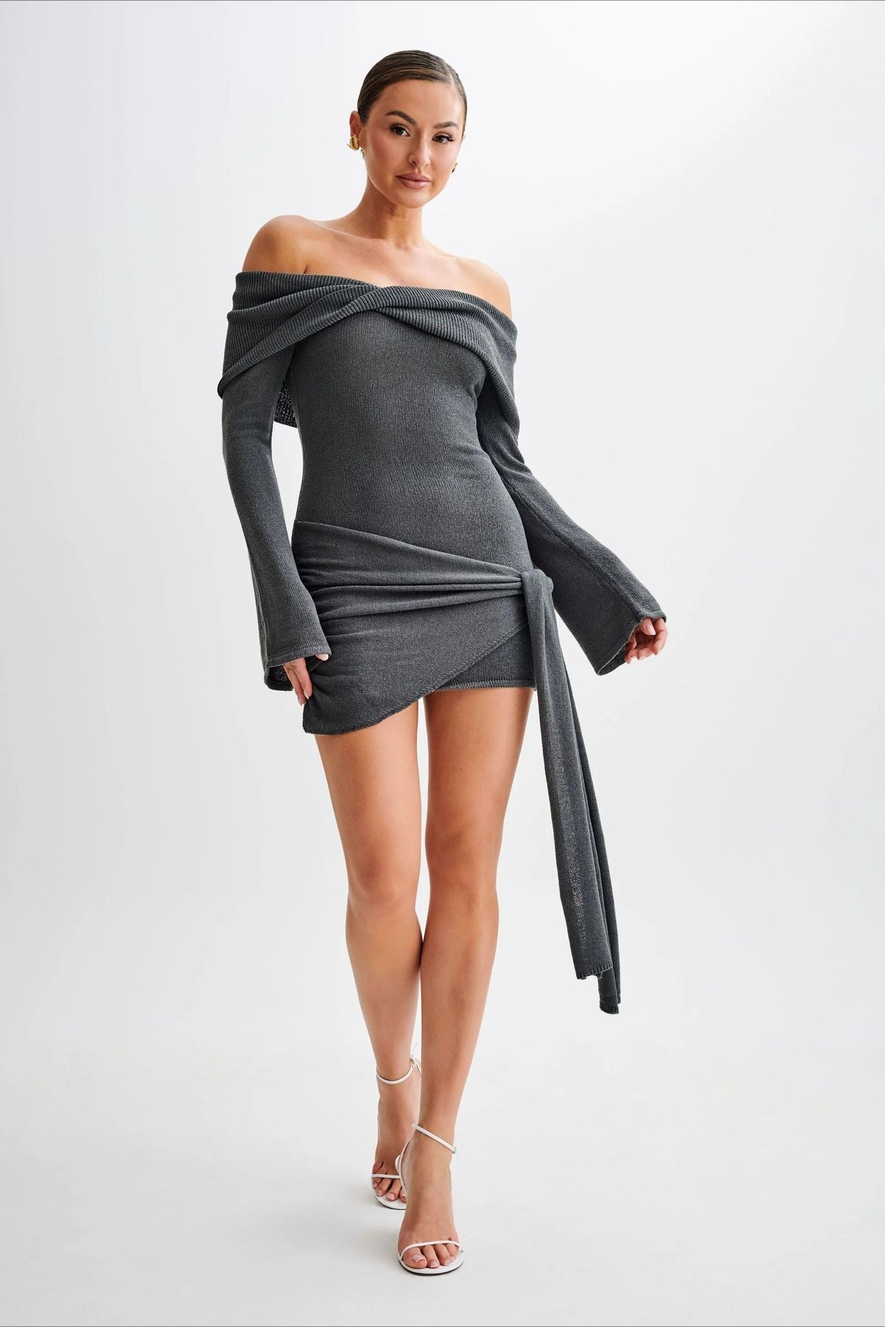 Sheer Edition Spaghetti Strap OffShoulder Fitted Knit Maxi Sweater Dress