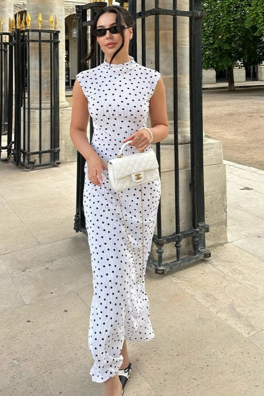 Refined Polka Dot Round Neck Maxi Dress