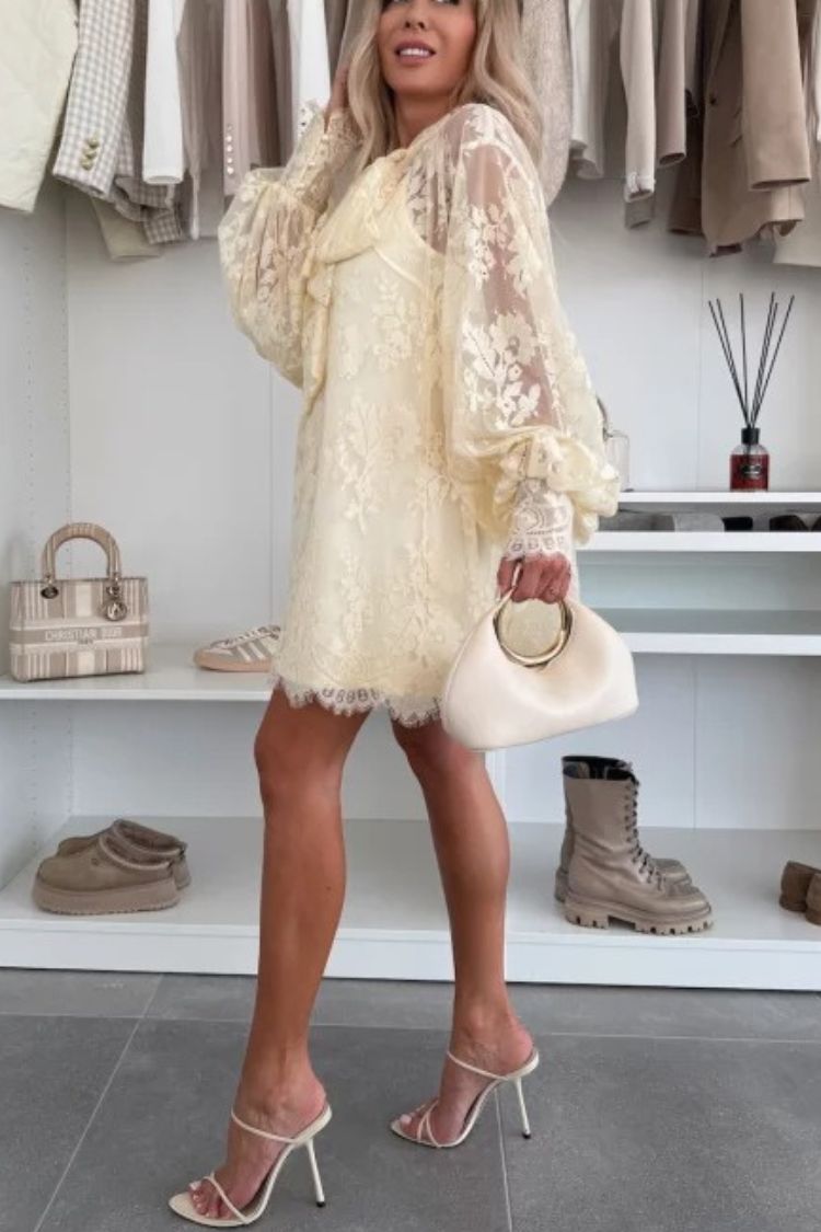 Effortless Iliana Night Rose a Line Mini Dress with Lace Bow and Long Balloon Sleeves Designer Edit
