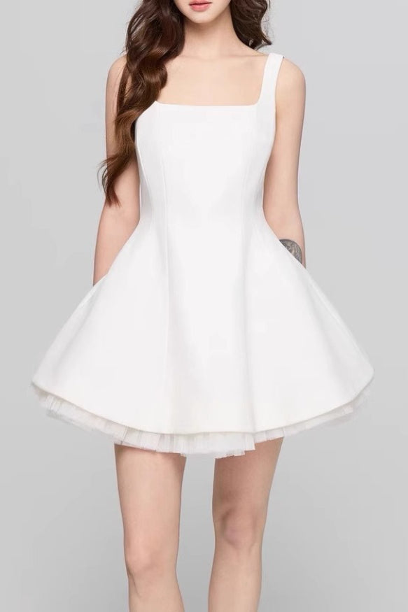 Neck Square Mesh Panel Mini Dress
